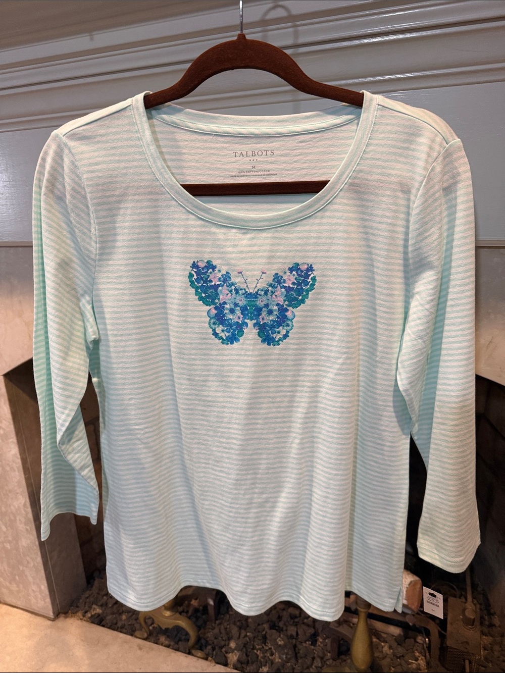 Talbots Blue Striped 3/4 Sleeve Top with Blue Butterfly Graphic size Medium